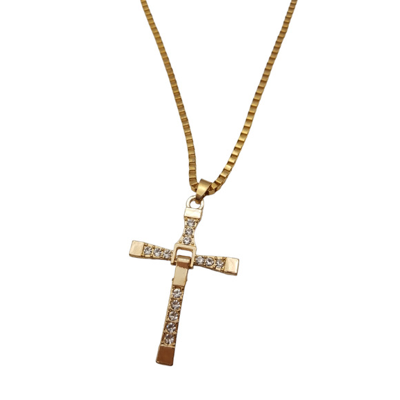 Costume Jewelry Gold Cross Box Chain Rhinestones - Picture 3 of 3